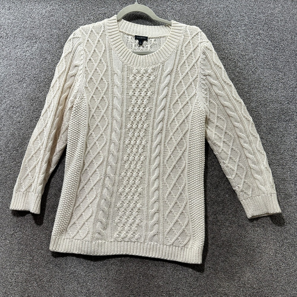Talbots Cable Knit Sweater Womens Large Ivory Wool Blend Crew Neck Cream Chunky
